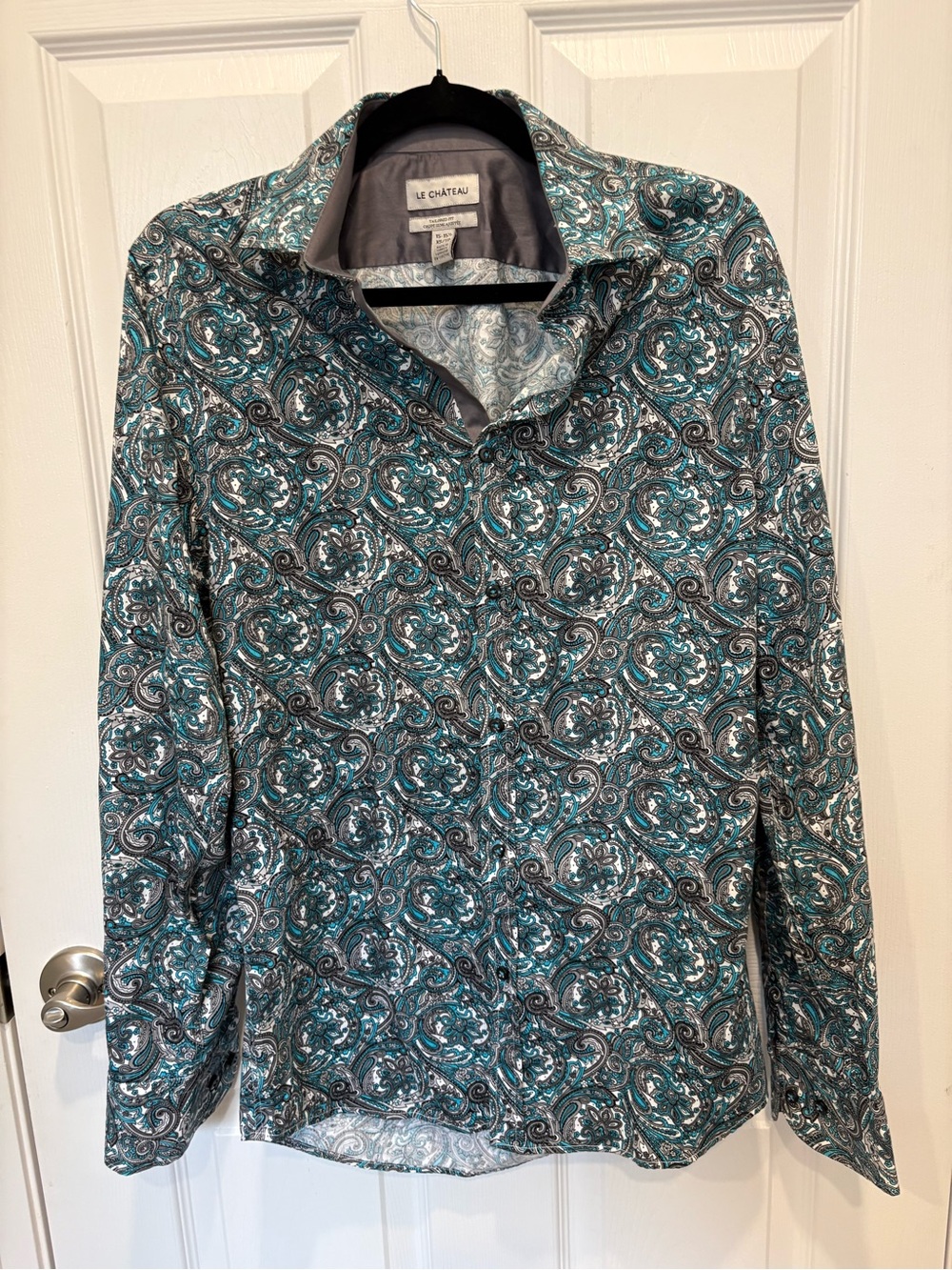 Le Chateau Teal Paisley Button-Up Shirt #1236